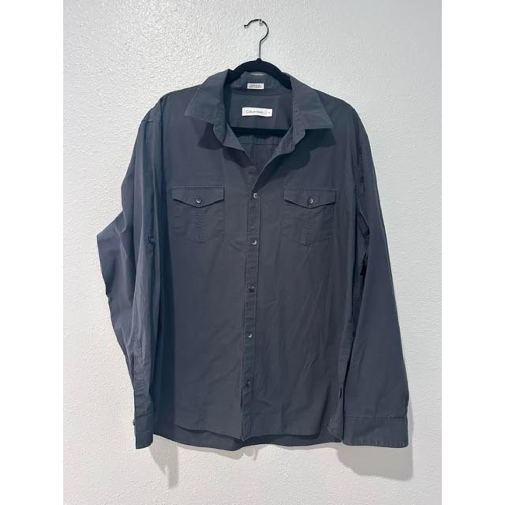 Calvin Klein Mens XL Gray Micro Check Cotton Long Sleeve Button Down Shirt